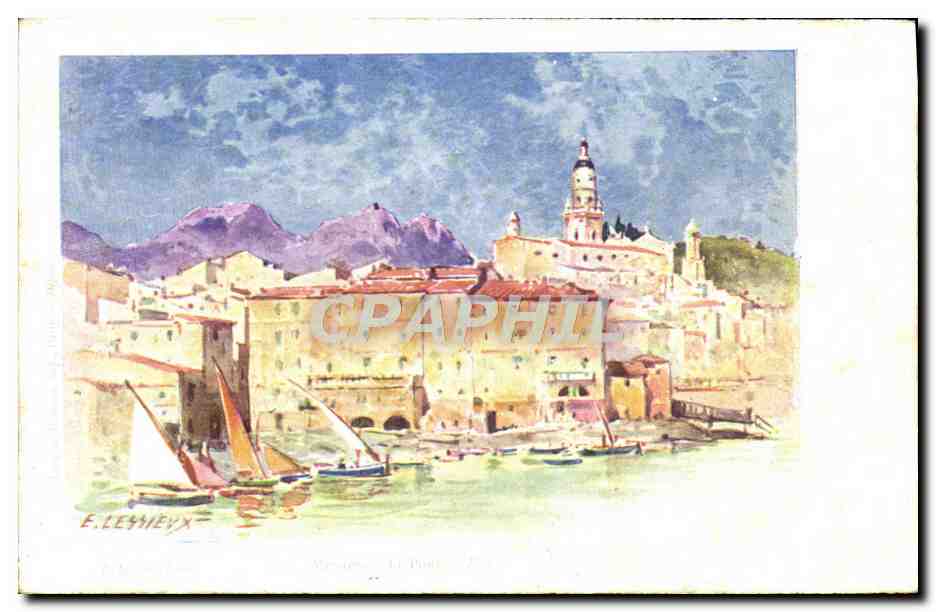 CPA Fantaisie Illustrateur Lessieux Menton Le port Bateau 
