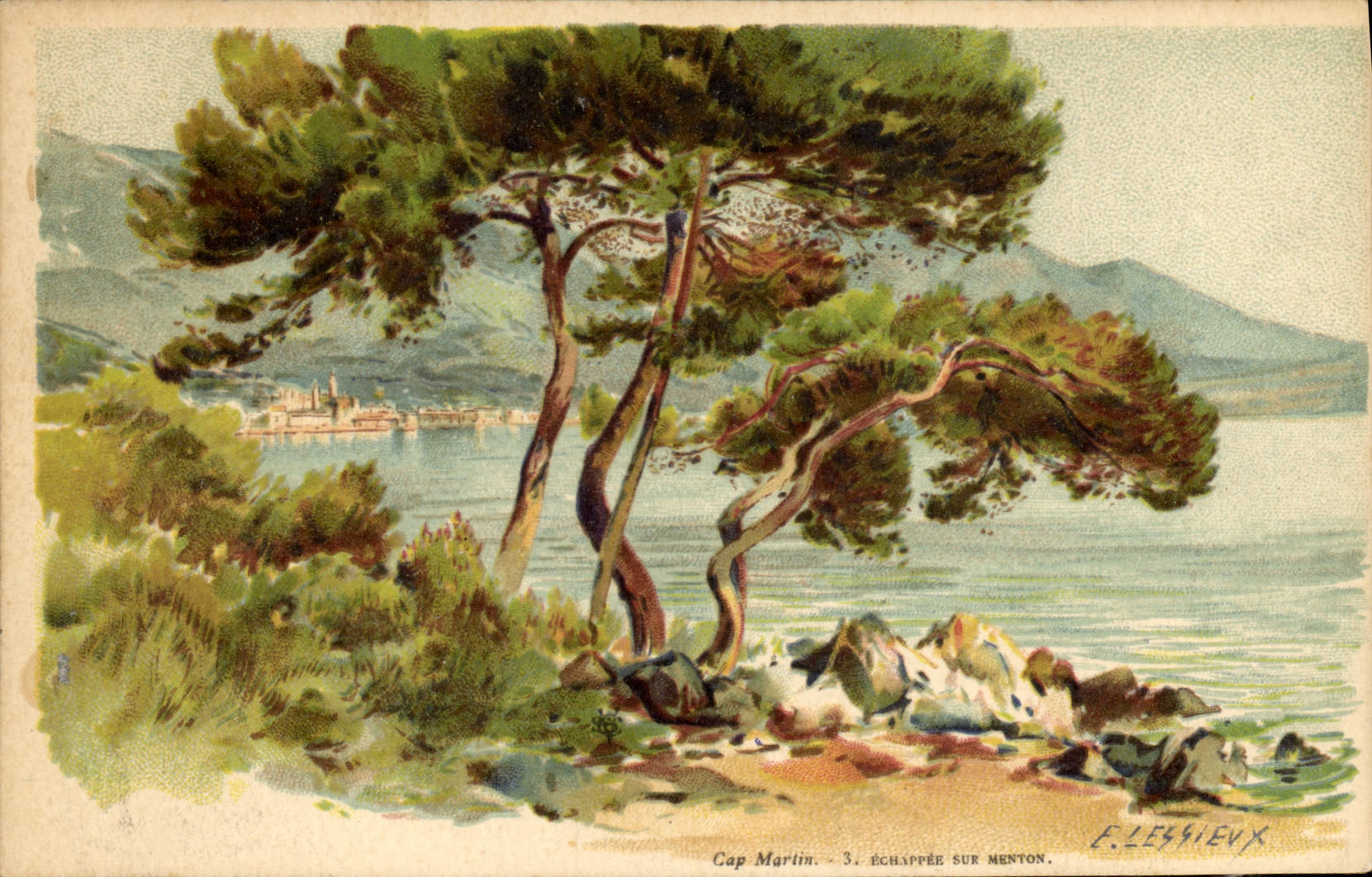 CPA Fantaisie Illustrateur Lessieux Cap Martin Echappee sur Menton 