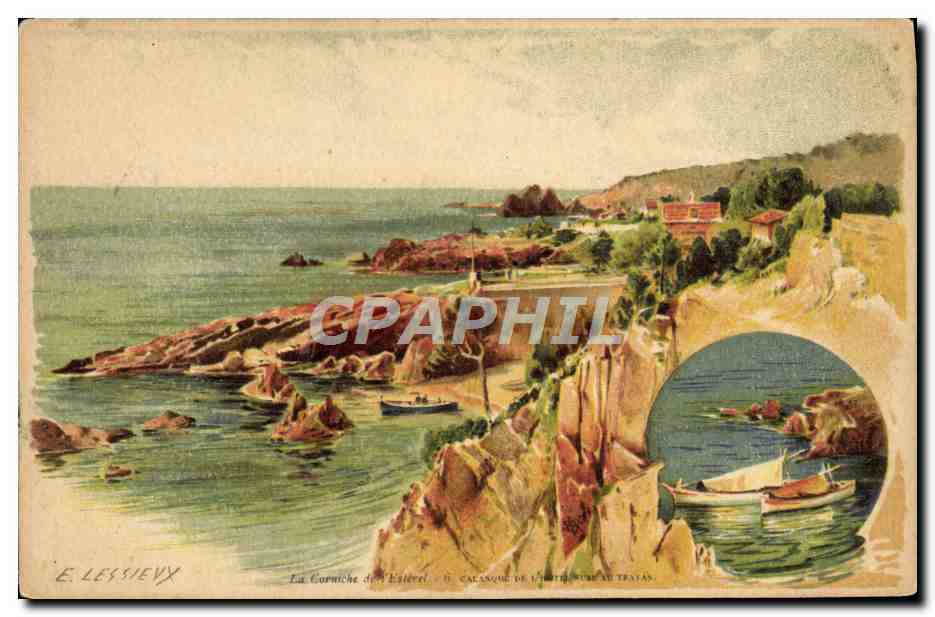 CPA Fantaisie Illustrateur Lessieux La corniche de l'Esterel Calanque de l'hotel Sube au travail 