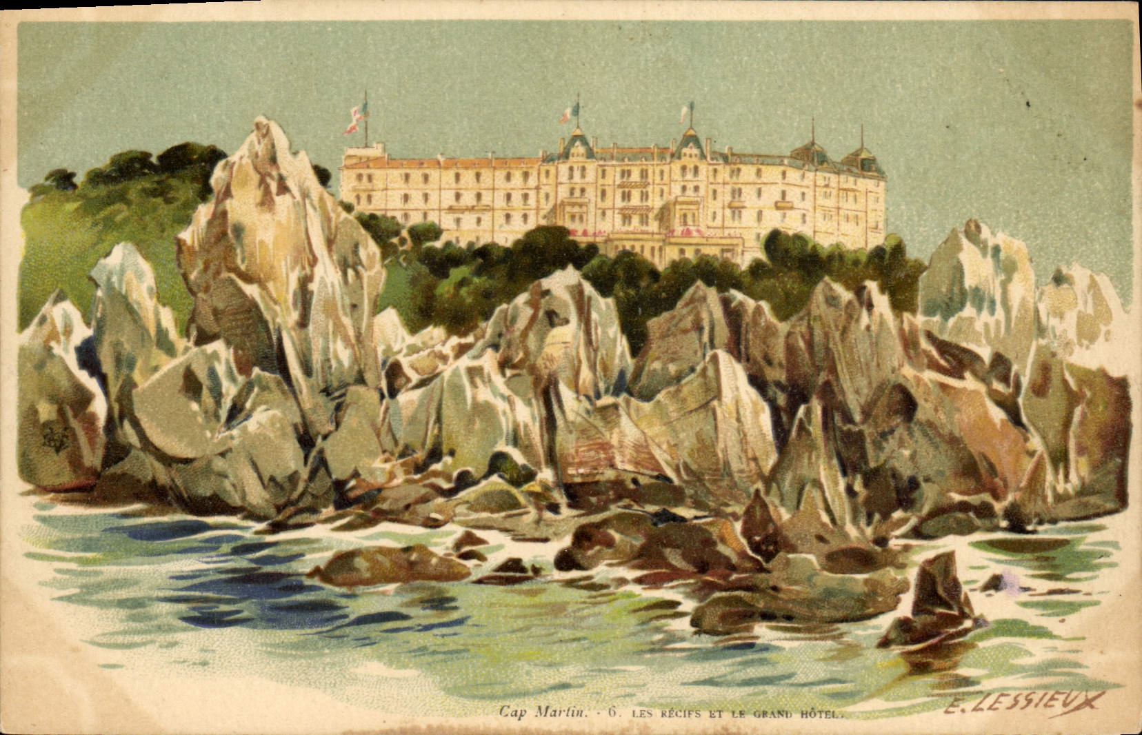 CPA Fantaisie Illustrateur Lessieux Cap Martin Les recifs et le Grand Hotel