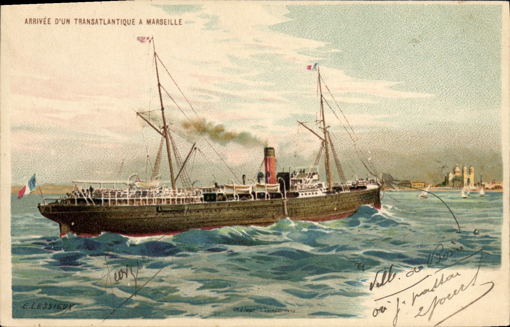 CPA Fantaisie Illustrateur Arrivee d'un transatlantique a Marseille Lessieux 