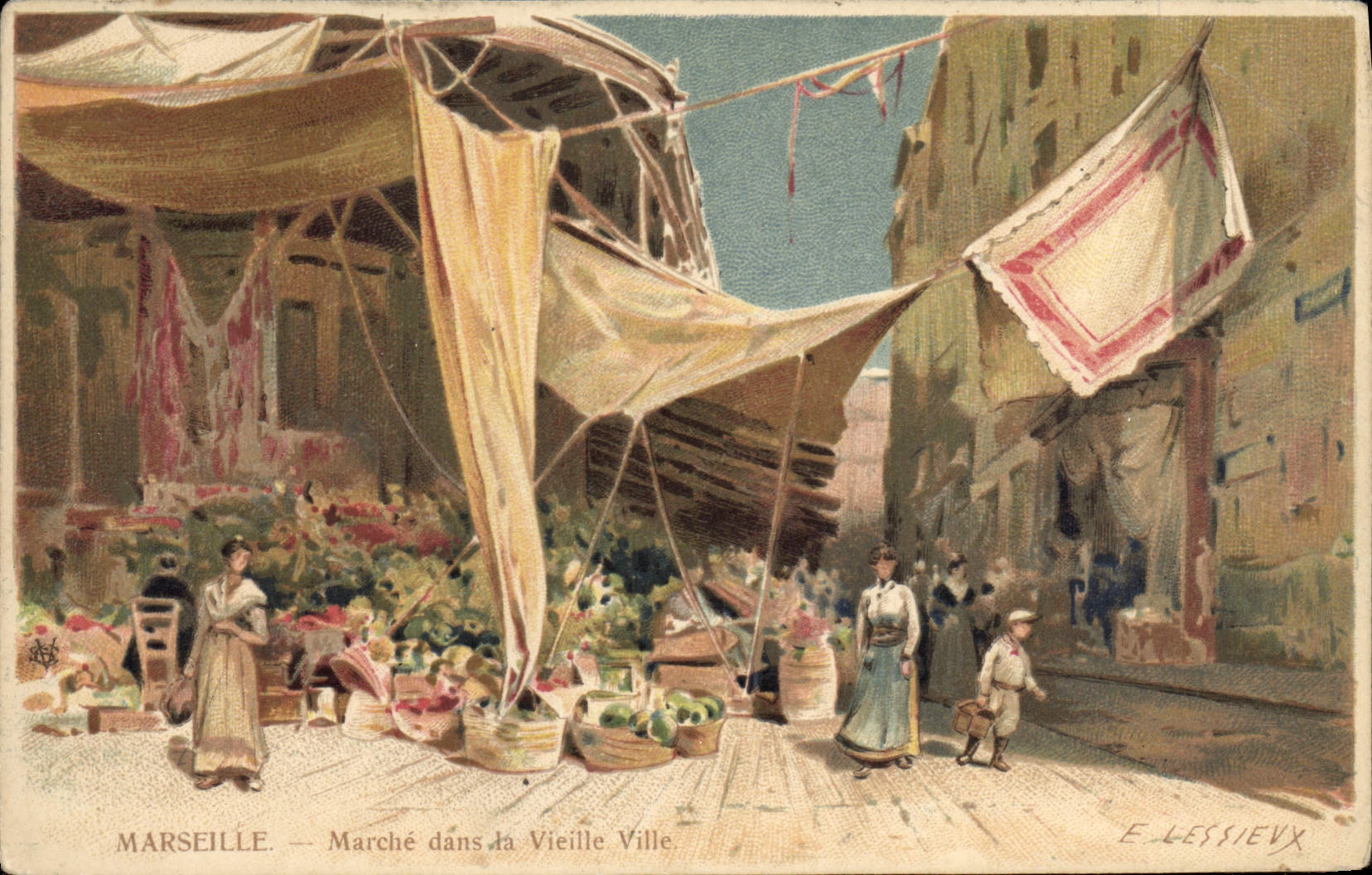 CPA Fantaisie Illustrateur Marseille Marche dans la vieille ville Lessieux 
