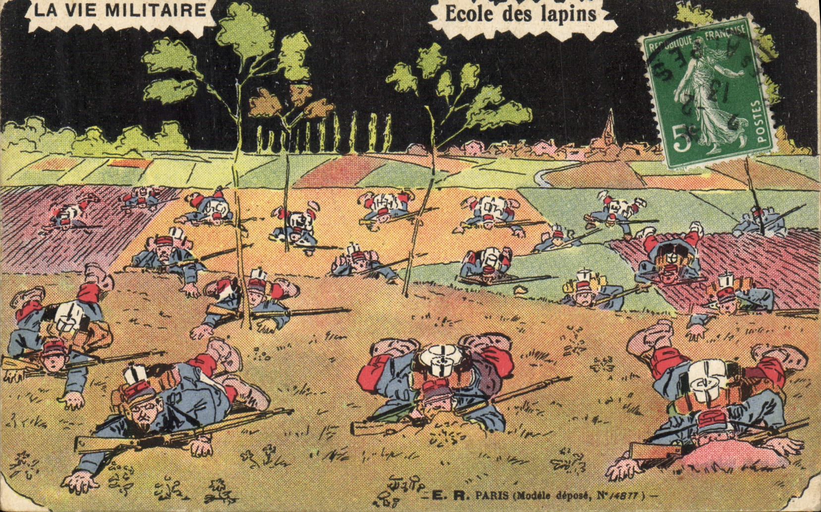 École des lapins — La vie militaire — E.R. PARIS (Modèle déposé, N°14877)