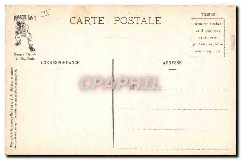 Les suites d'une indigestion de fayots — Scènes Militaires — E.R., Paris — Modèle déposé N° 15351 — Verso