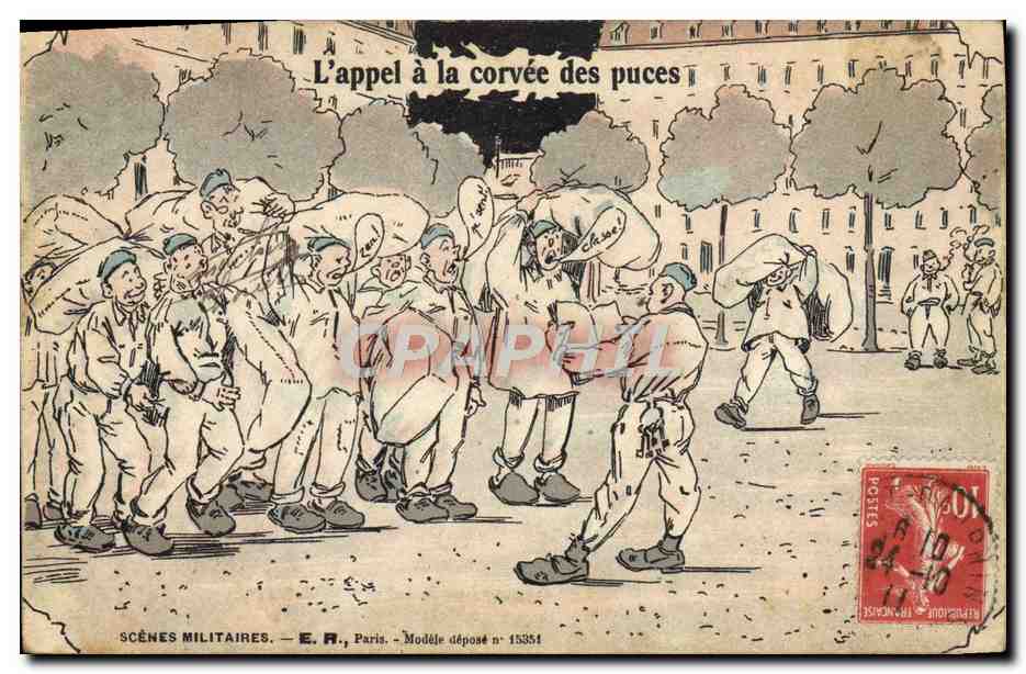 L'appel à la corvée des puces — Scènes militaires — E.R., Paris, Modèle déposé n° 15354
