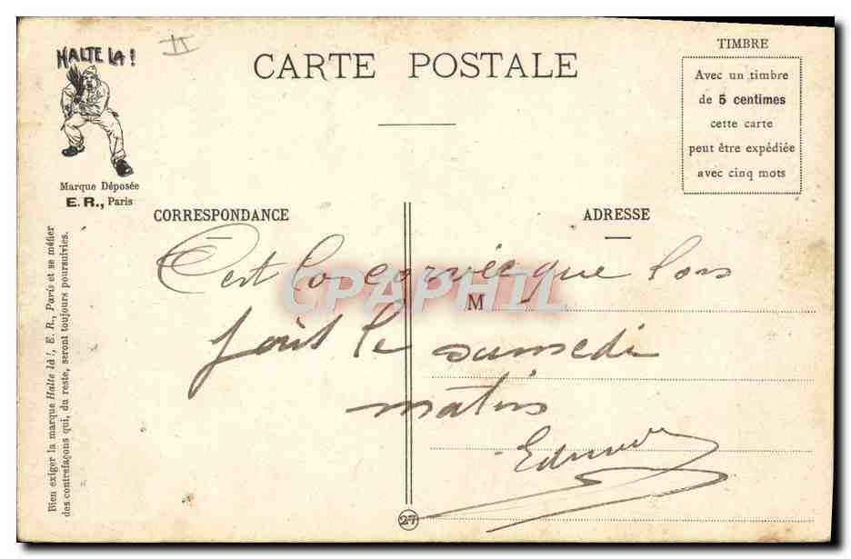 L'appel à la corvée des puces — Scènes militaires — E.R., Paris, Modèle déposé n° 15354 — Reverso