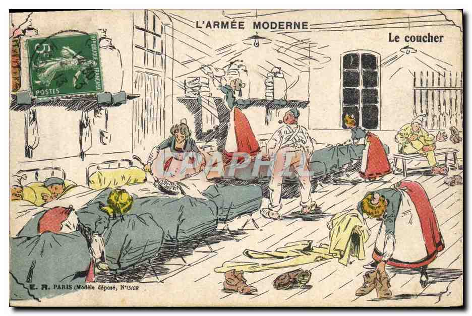 L'ARMÉE MODERNE — Le coucher — E.R. PARIS (Modèle déposé, N°15108)