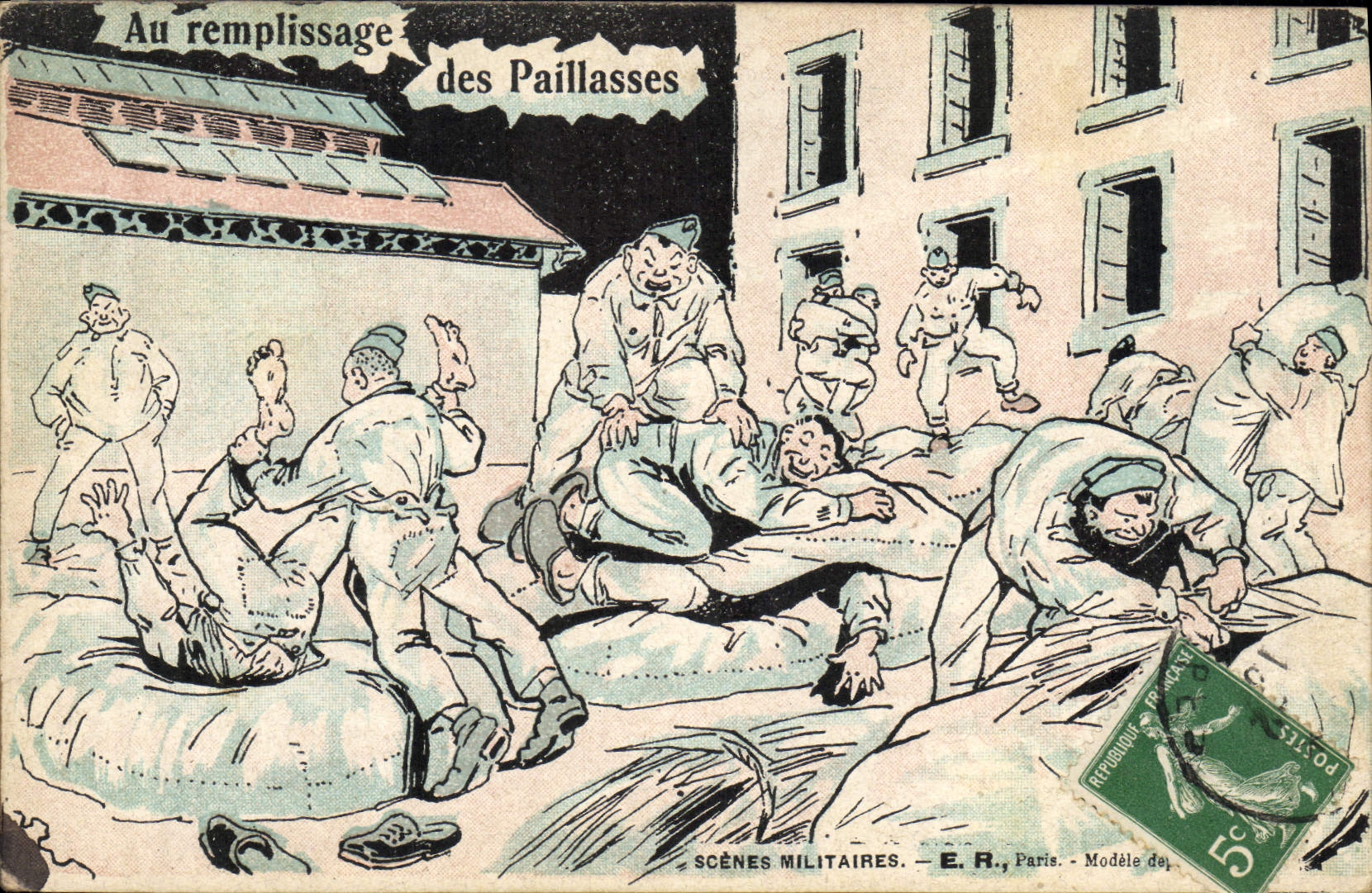 Au remplissage des Paillasses — Scènes Militaires — E.R., Paris