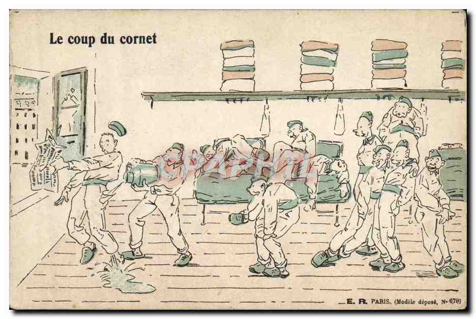 Le coup du cornet — caricature militaire — E.R. PARIS, Modèle déposé, N° 670