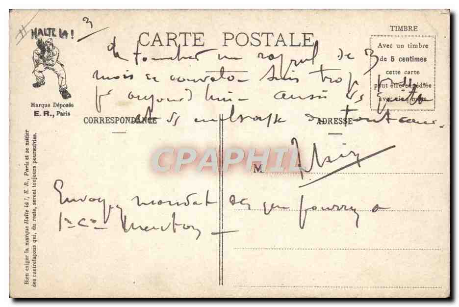 Le coup du cornet — caricature militaire — E.R. PARIS, Modèle déposé, N° 670 — Reverso
