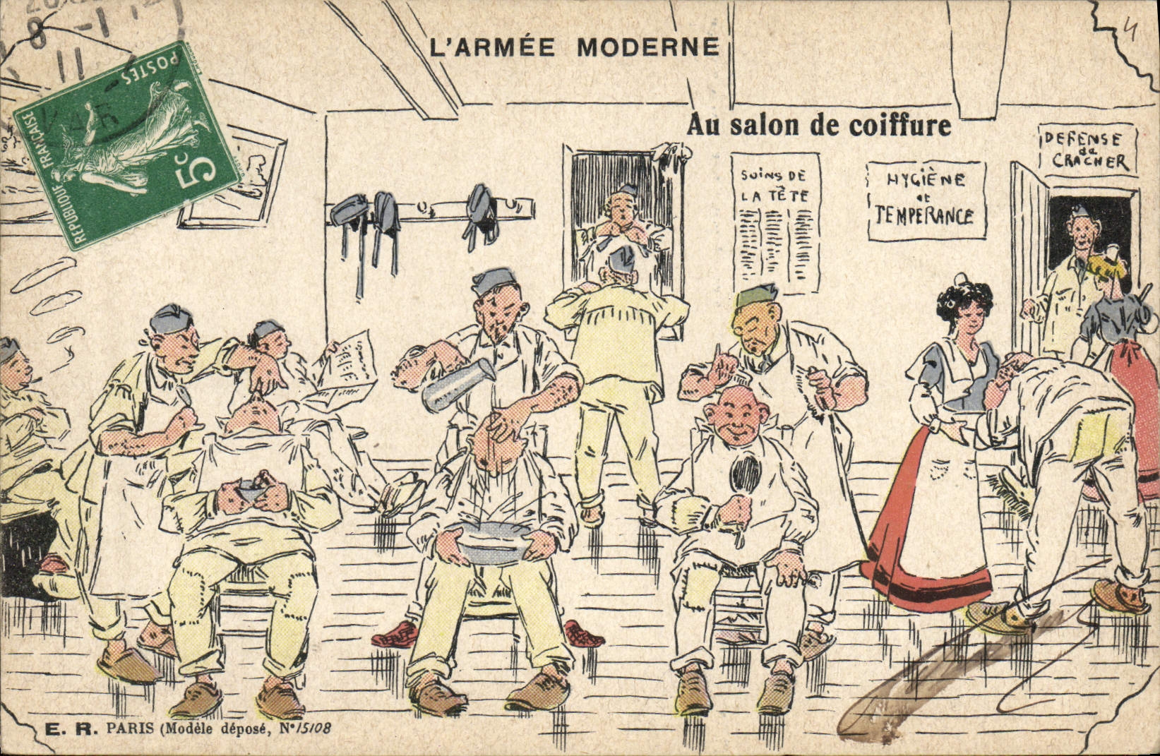 L'ARMÉE MODERNE — Au salon de coiffure — E.R. PARIS, N°15108