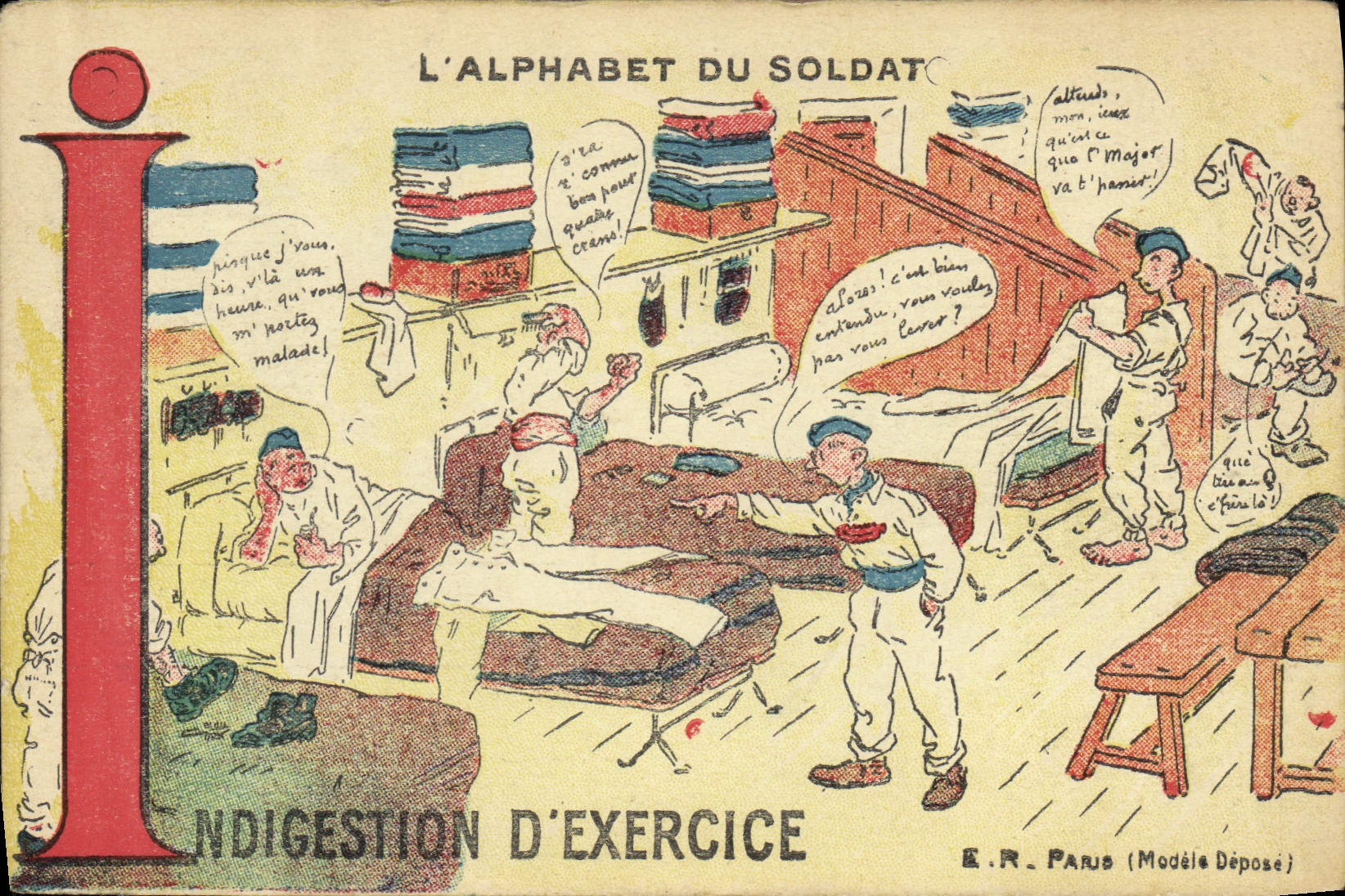 L'Alphabet du Soldat — I. Indigestion d'exercice — E.R. Paris (Modèle Déposé)
