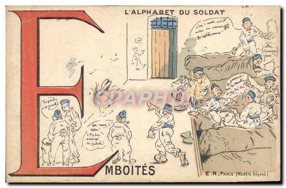 DAS ALPHABET DES SOLDATEN — Buchstabe E für 'EMBOITÉS' — E.R. Paris (Geschütztes Modell)