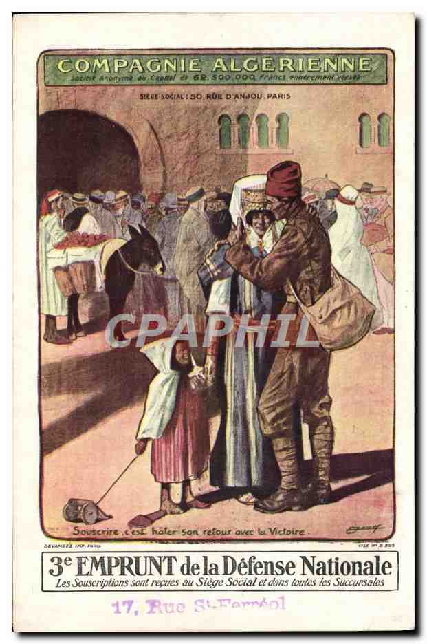 CPA Fantaisie Militaria Compagnie algerienne Emprunt de la Defense Nationale Algerie 