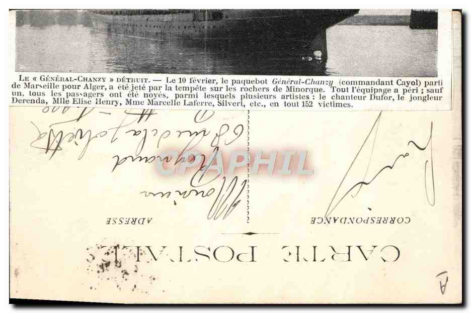 CPA Bateau Paquebot General Chanzy Cie Generale Transatlantique  — Verso