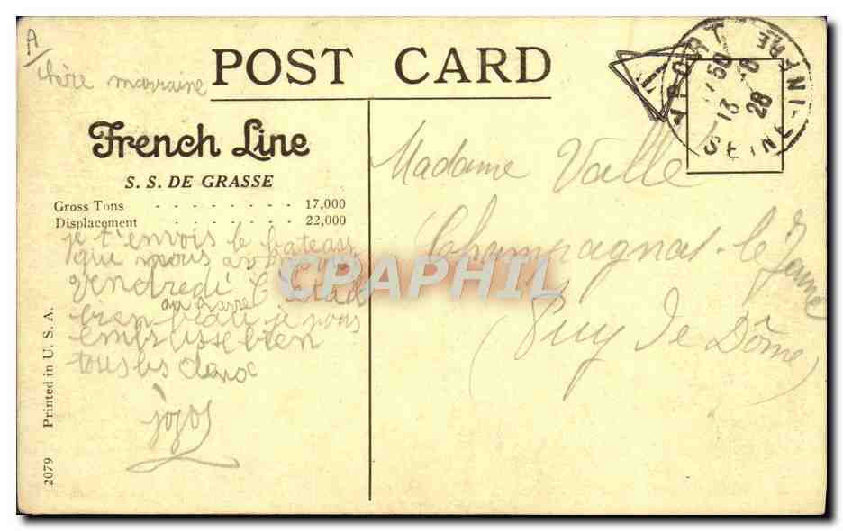 S.S. DE GRASSE — New York – Havre Service — French Line — Verso