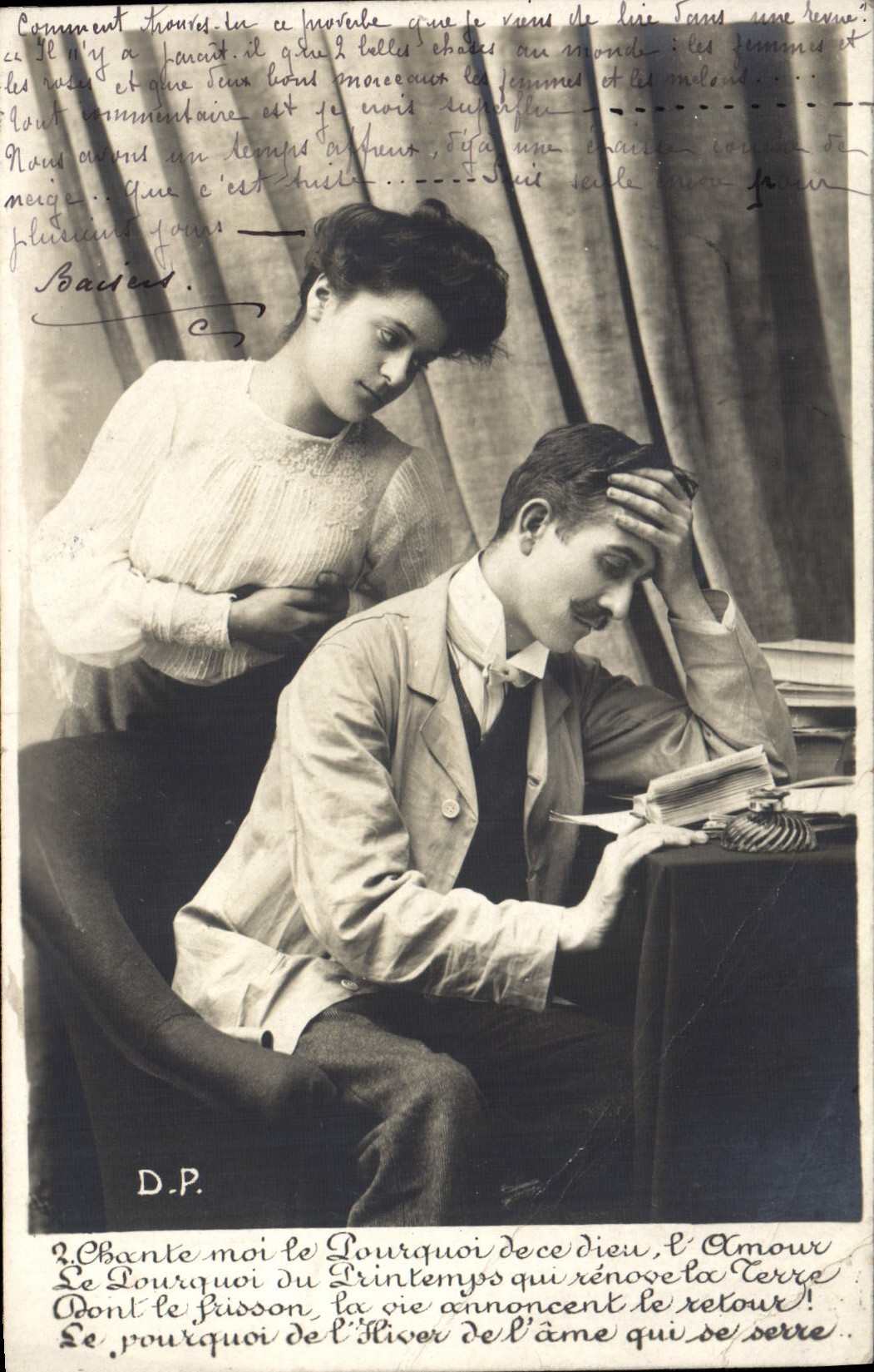 Jeune femme consolant un homme assis — D.P. — éditeur D.P.