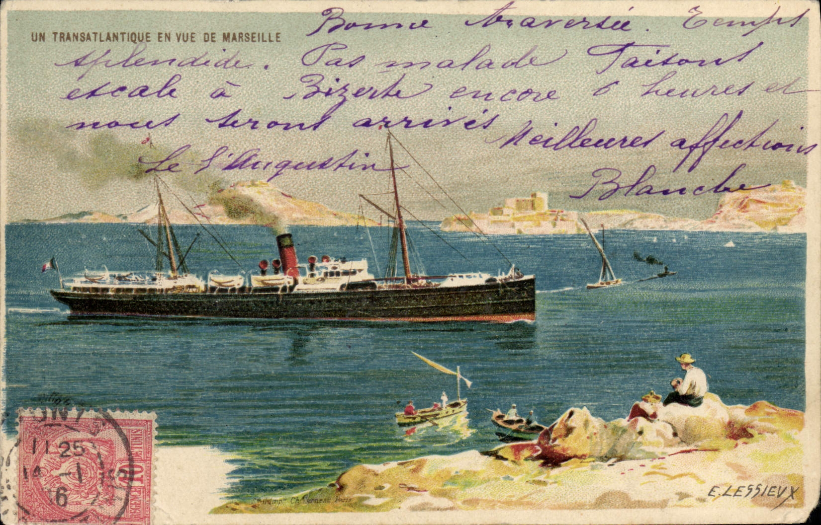 CPA Fantaisie Illustrateur Un transatlantique en vue de Marseille 