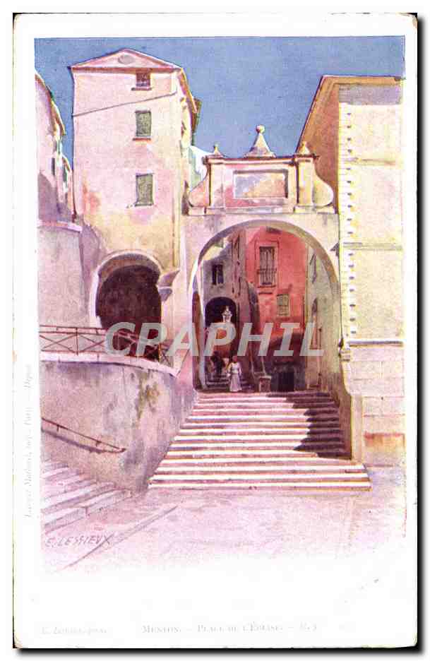 CPA Fantaisie Illustrateur Menton Place de l'eglise 