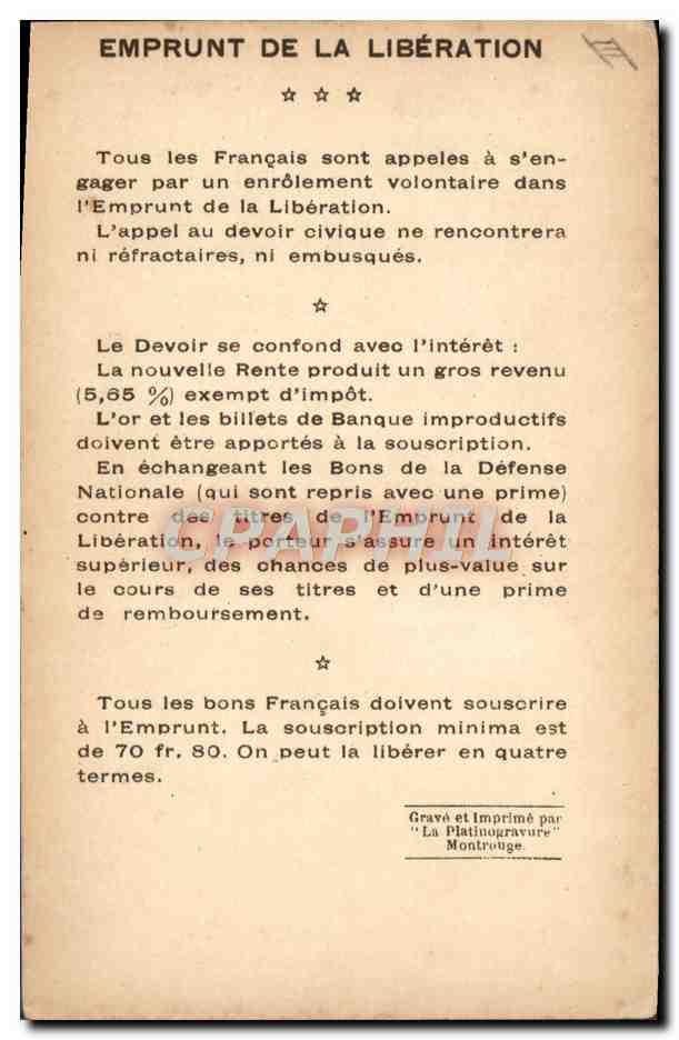 CPA Militaria Emprunt de la Liberation Vainqueurs de la Marne Gal de Langle de Cary  — Verso