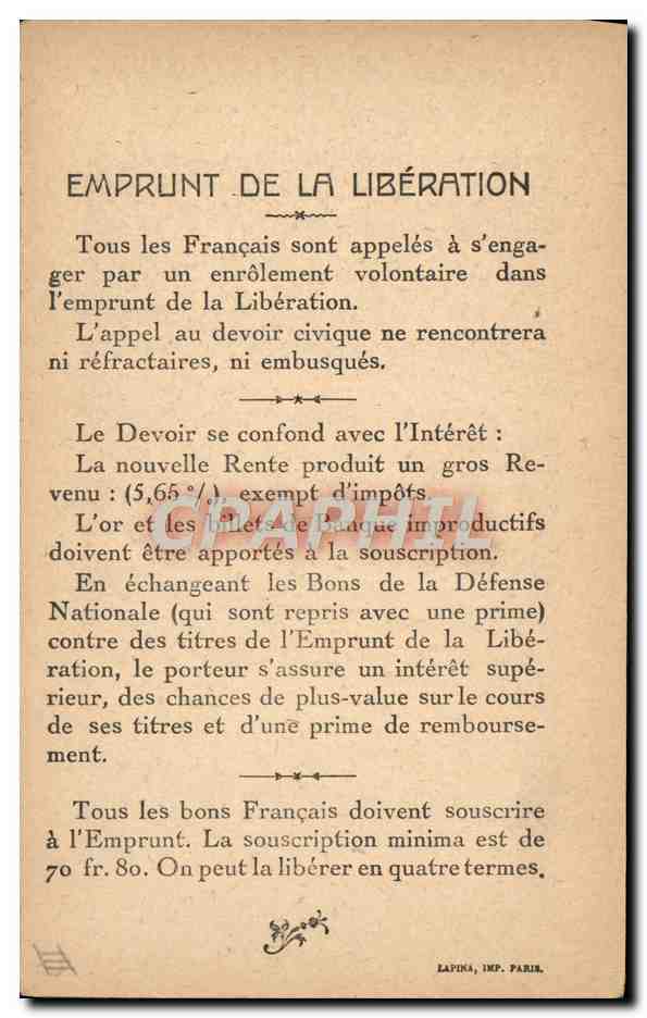 CPA Militaria Emprunt de la Liberation Vainqueurs de la Marne General Dubail — Rückseite