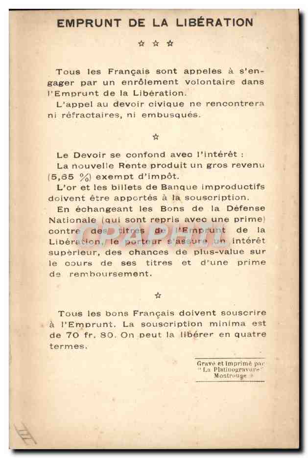 CPA Militaria Emprunt de la Liberation Vainqueurs de la Marne Gal de Langle de Cary  — Rückseite