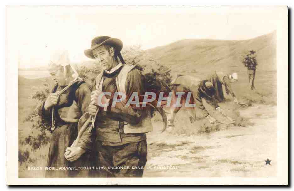 CPA Folklore Salon 1908 Mairet Coupeurs d'ajoncs dans le Finistere 