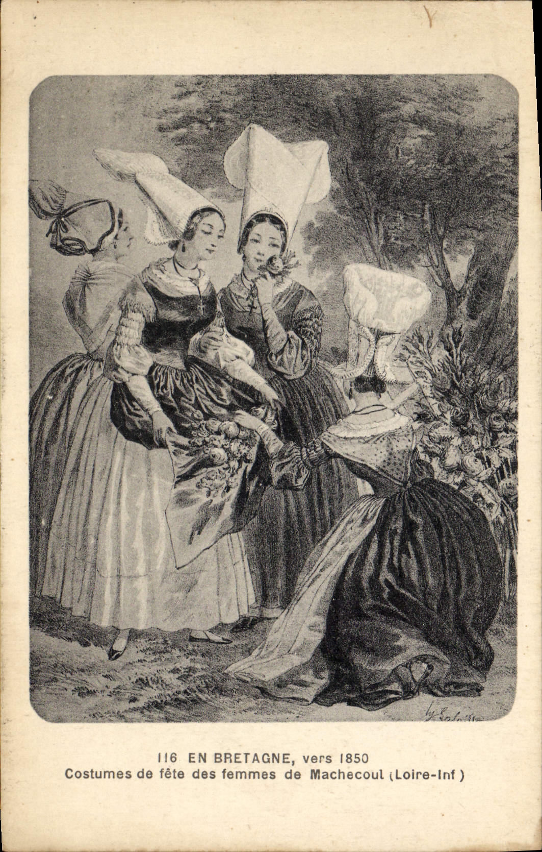 CPA Folklore En Bretagne vers 1850 Costumes de fete des femmes de Machecoul 