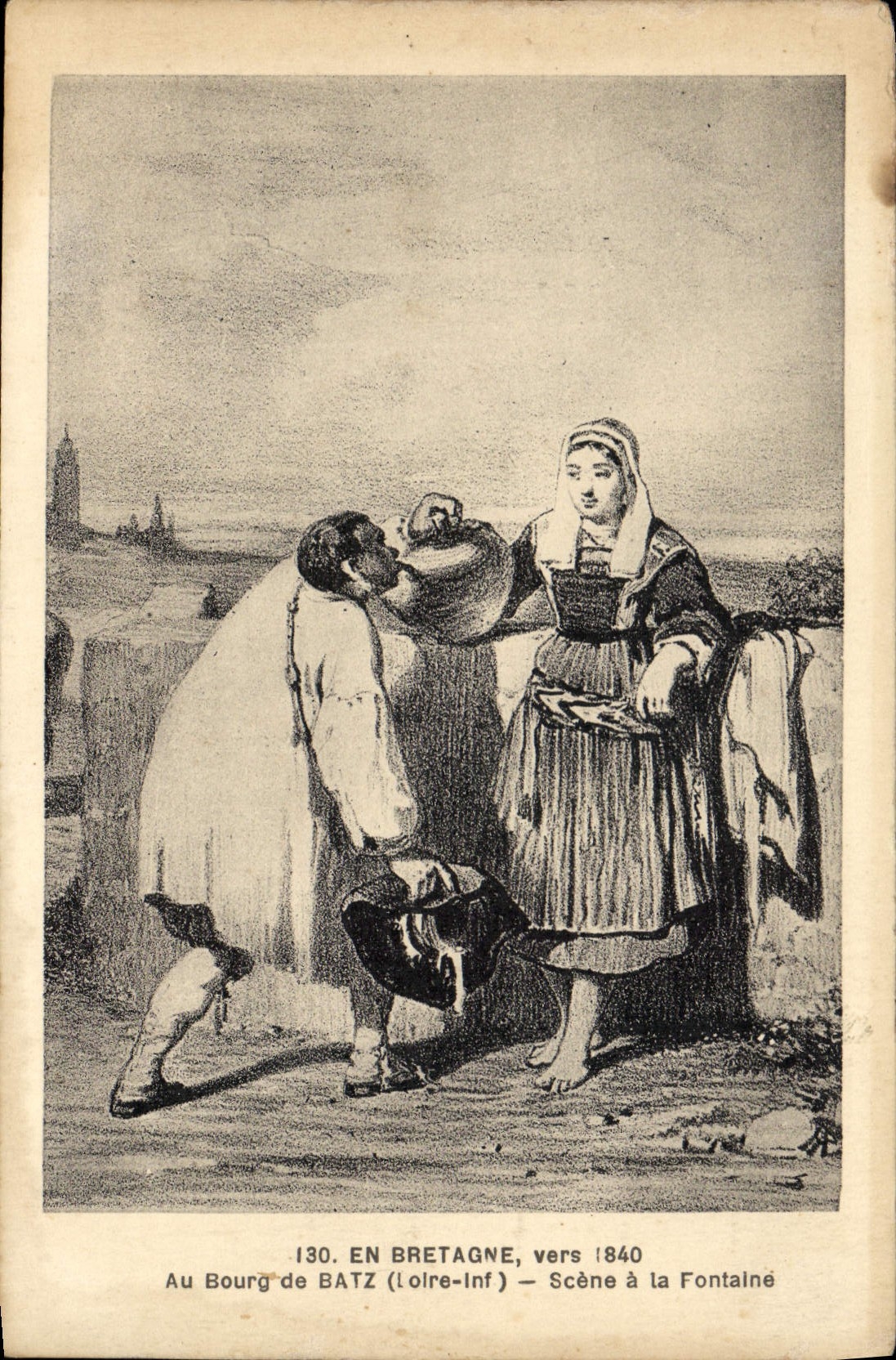 CPA Folklore En Bretagne vers 1840 Au bourg de Batz Scene de la fontaine 