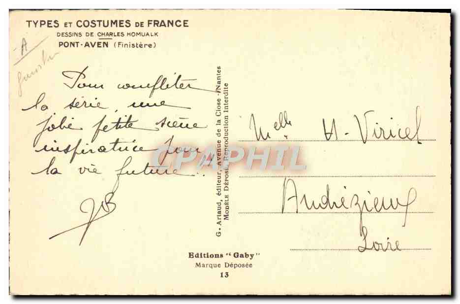 CPA Folklore Charles Homualk Pont Aven Finistere  — Verso