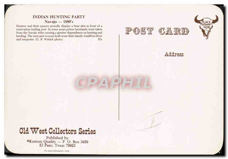 CPM Far West Cow Boy Indian Hunting Party Navajo 1880s Indiens — Rückseite