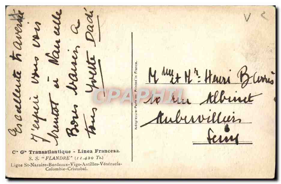 CPA Bateau Paquebot SS Flandre ligne St Nazaire Bordeaux Vigo Antilles Venezuela Colombie Cristobal — Reverso