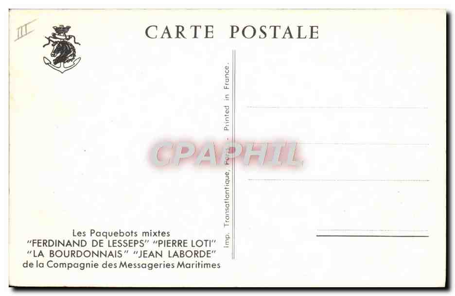 CPA Bateau Paquebots Mixtes Ferdinand de Lesseps Pierre Loti La Bourdonnais Jean Laborde Messageries Maritimes  — Verso