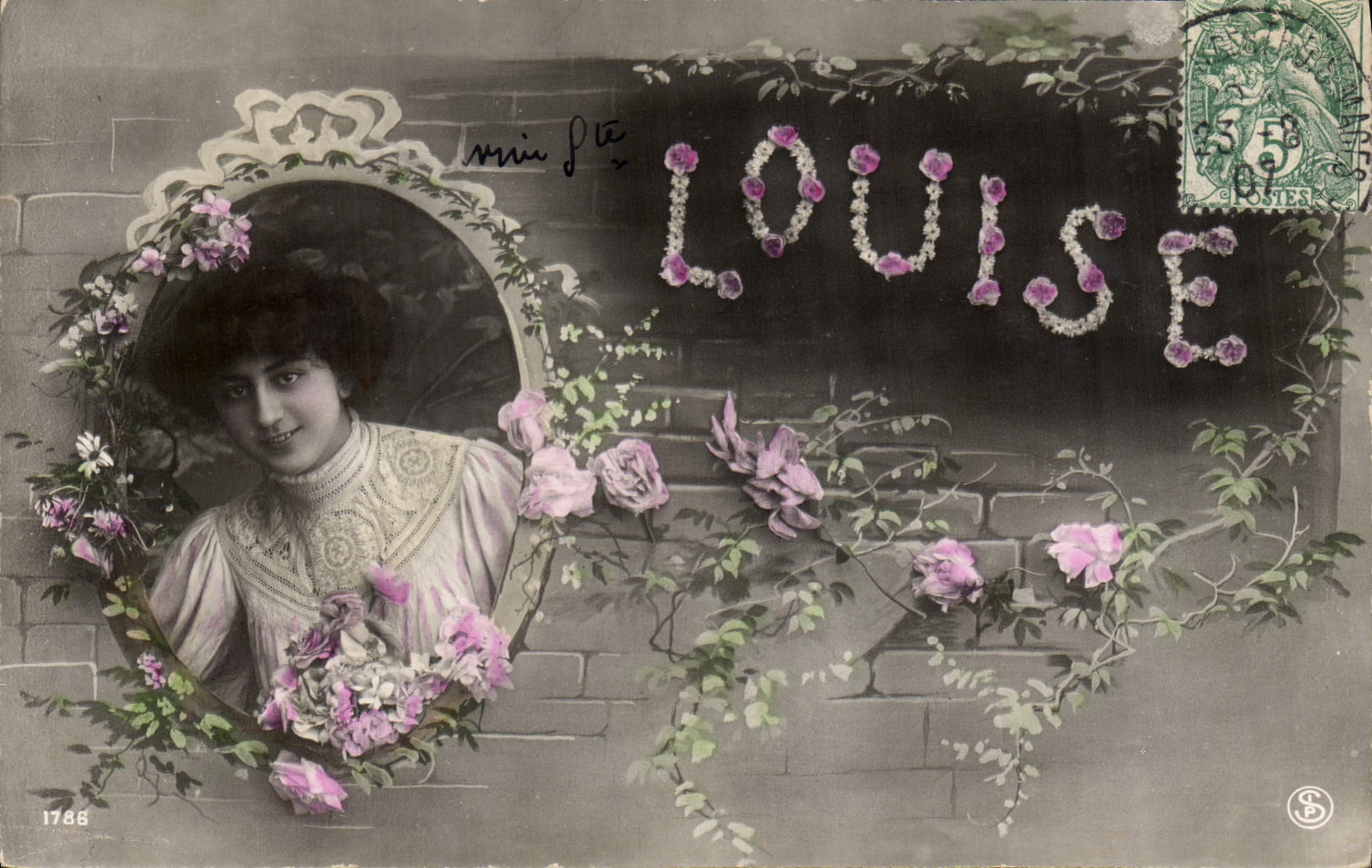 Jonge vrouw in een bloemrijk kader — Louise — uitgever S. n° 1788