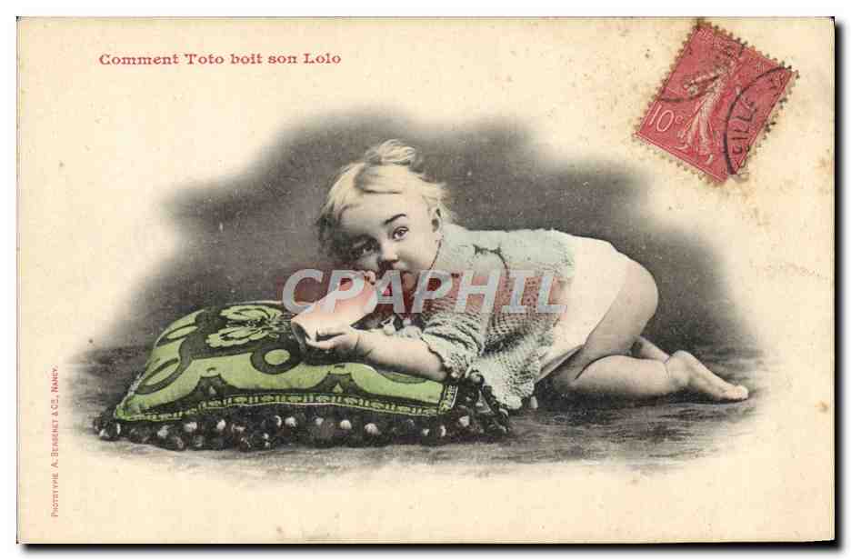 CPA Fantaisie Enfant Bebe Lait Enfant Comment Toto boit son Lolo 
