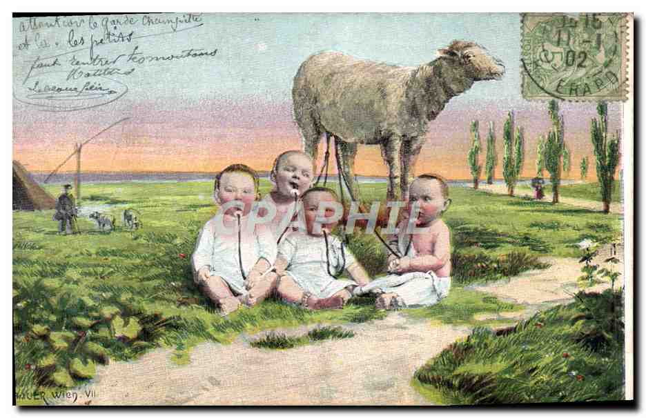 CPA Fantaisie Enfant Bebe Lait Mouton Agneau 