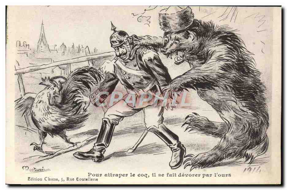 CPA Ours Pour attraper le coq il se fait devorer par l'ours Militaria