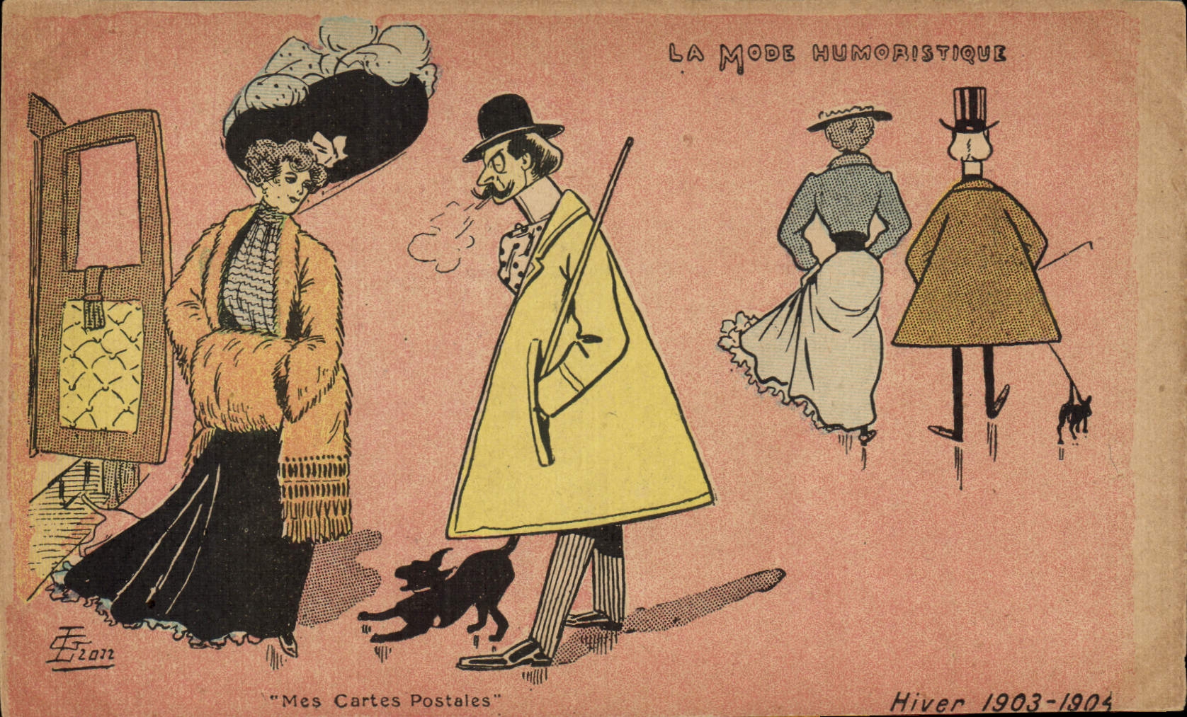 CPA Fantaisie Illustrateur G Lion Femme La mode humoristique Hiver 1903 1904 Chien 
