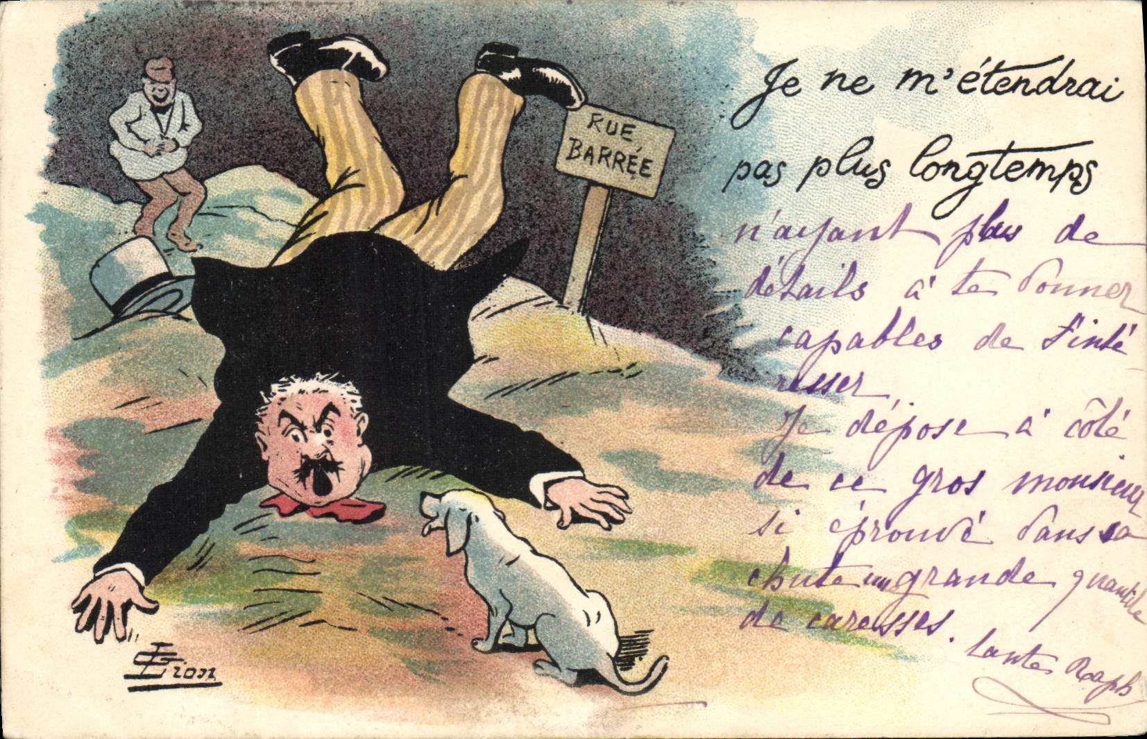 Caricature d'un homme tombé — Rue barrée — Éditeur E. Fion, n°3