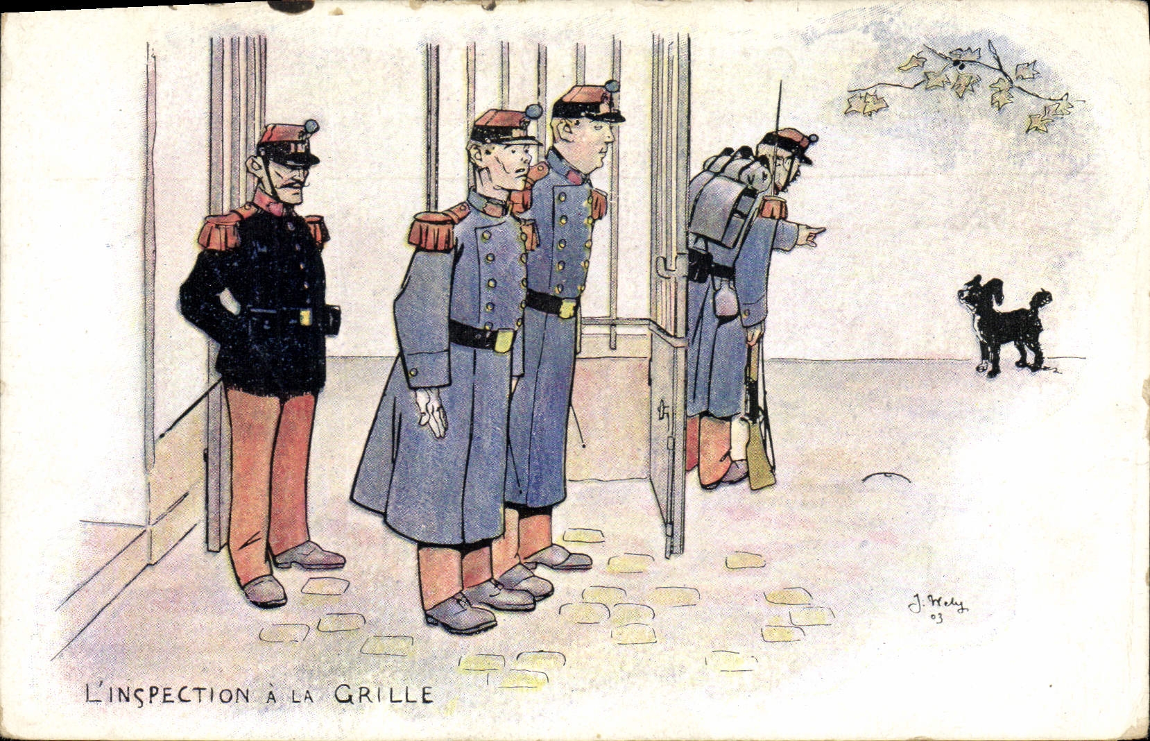 CPA Fantaisie Militaria L'inspection a al grille 