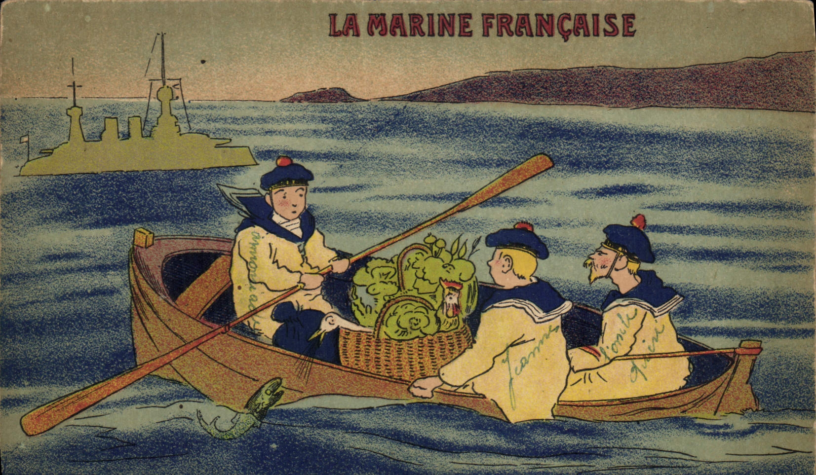 La Marine Française — illustration de marins avec un canot et un navire en arrière-plan — éditeur non visible