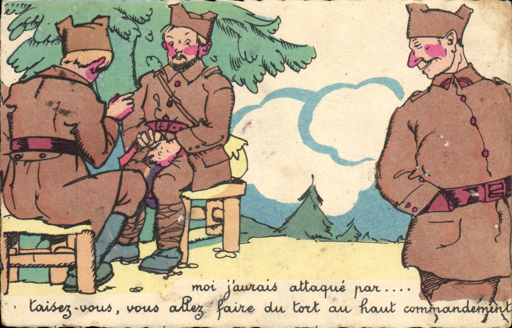 Soldats en forêt — scène humoristique — Imprimerie M.D. Paris