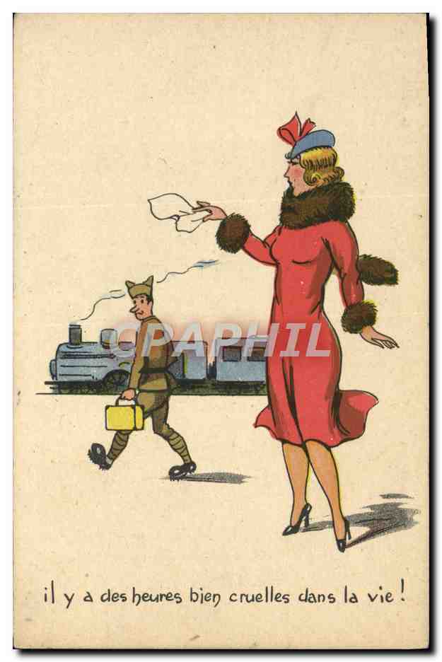 Femme en robe rouge et soldat au quai — scène de départ — Imprimerie France, n° 100/29