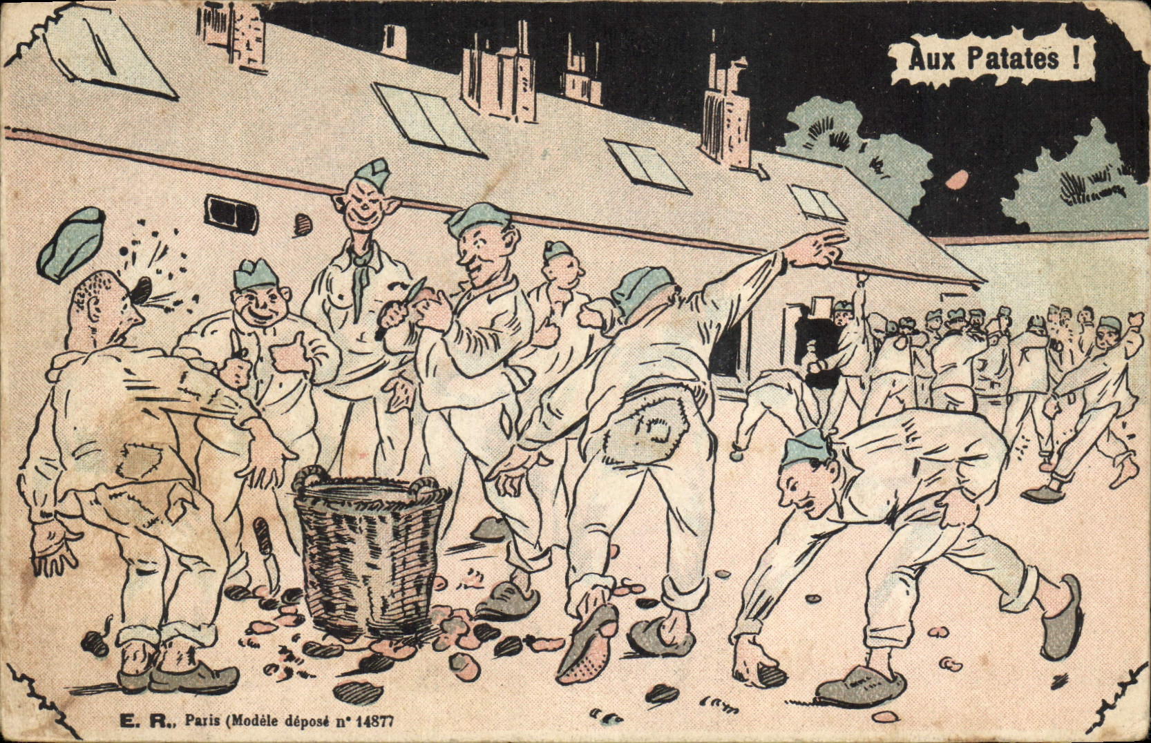 Soldats en train de jeter des pommes de terre — Aux Patates ! — E. R., Paris (Modèle déposé n° 14877)