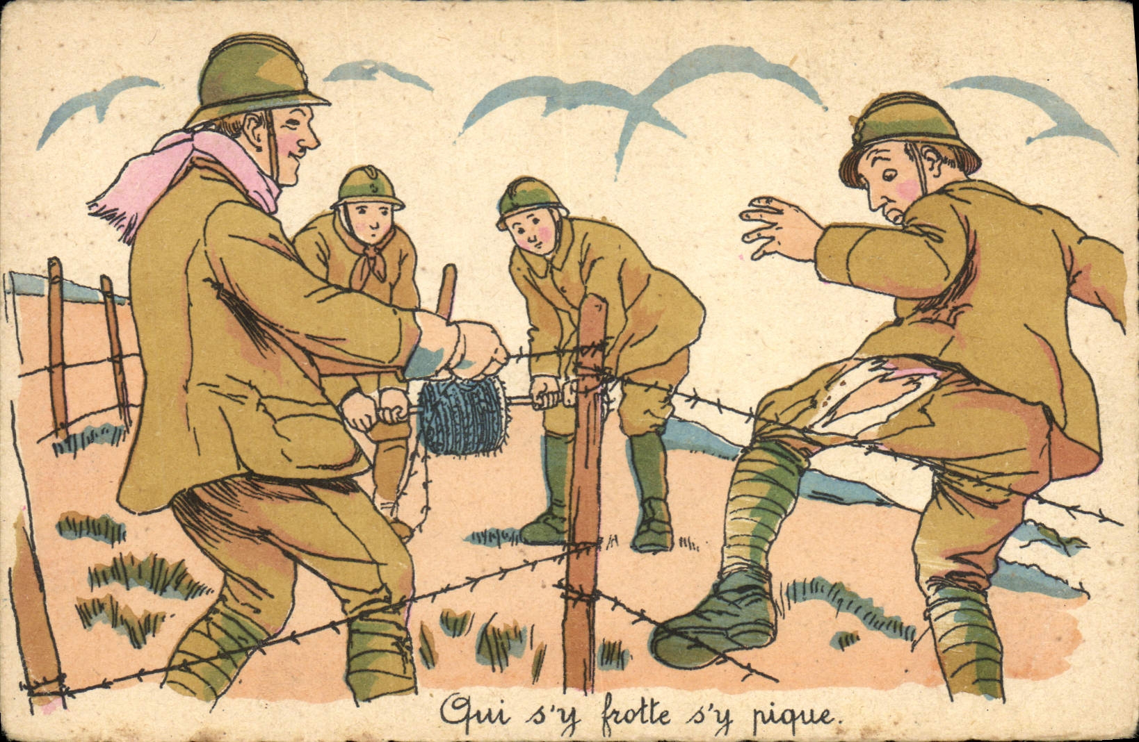 Soldats en train de tendre du fil de fer barbelé — M. D. PARIS