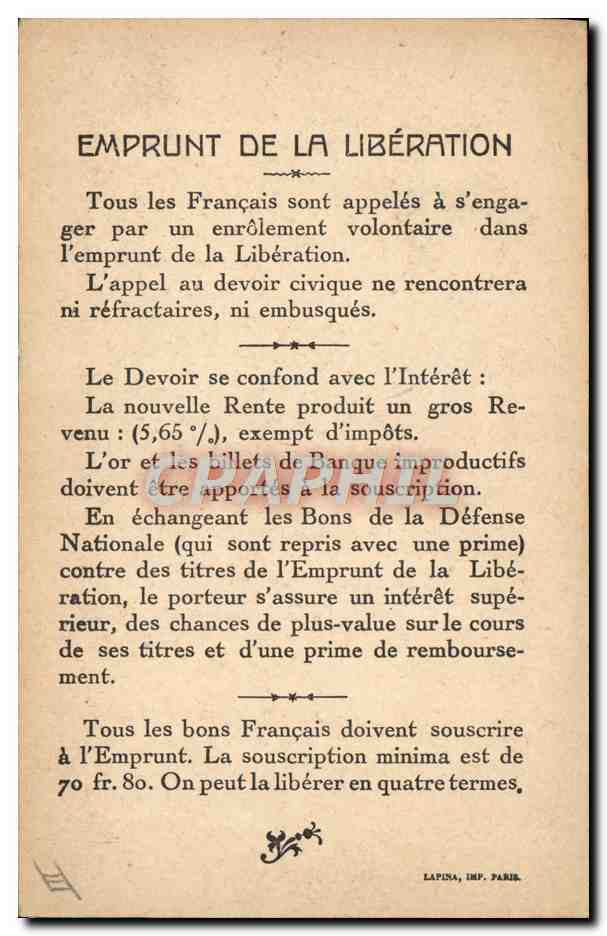 CPA Fantaisie Militaria Emprunt de la Liberation Vainqueurs de la Marne General Franchet d'Esperey — Verso