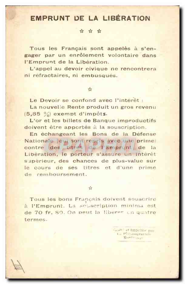 CPA Fantaisie Militaria Emprunt de la Liberation Vainqueurs de la Marne General de Mitry Le Mesnil-Mitry — Rückseite