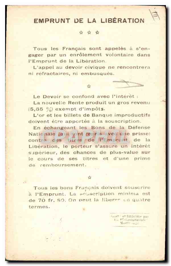 CPA Fantaisie Militaria Emprunt de la Liberation Vainqueurs de la Marne General de Mitry Le Mesnil-Mitry — Verso
