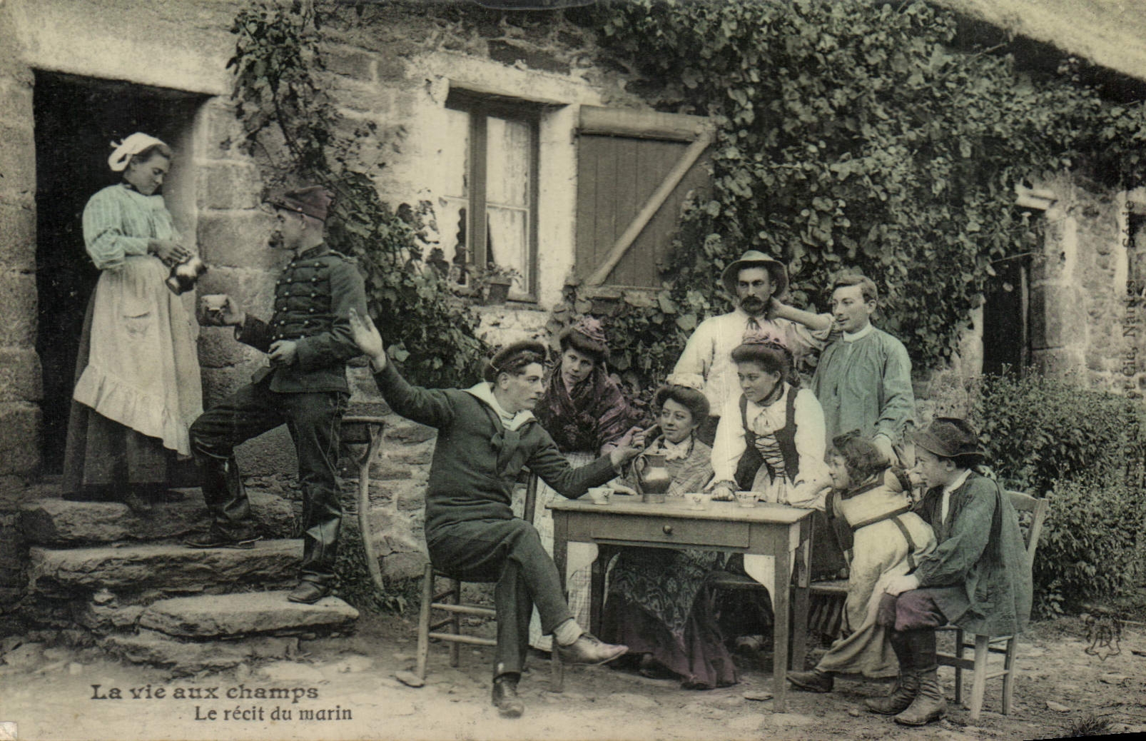 CPA Foklore La vie aux champs Le recit du marin Militaria 
