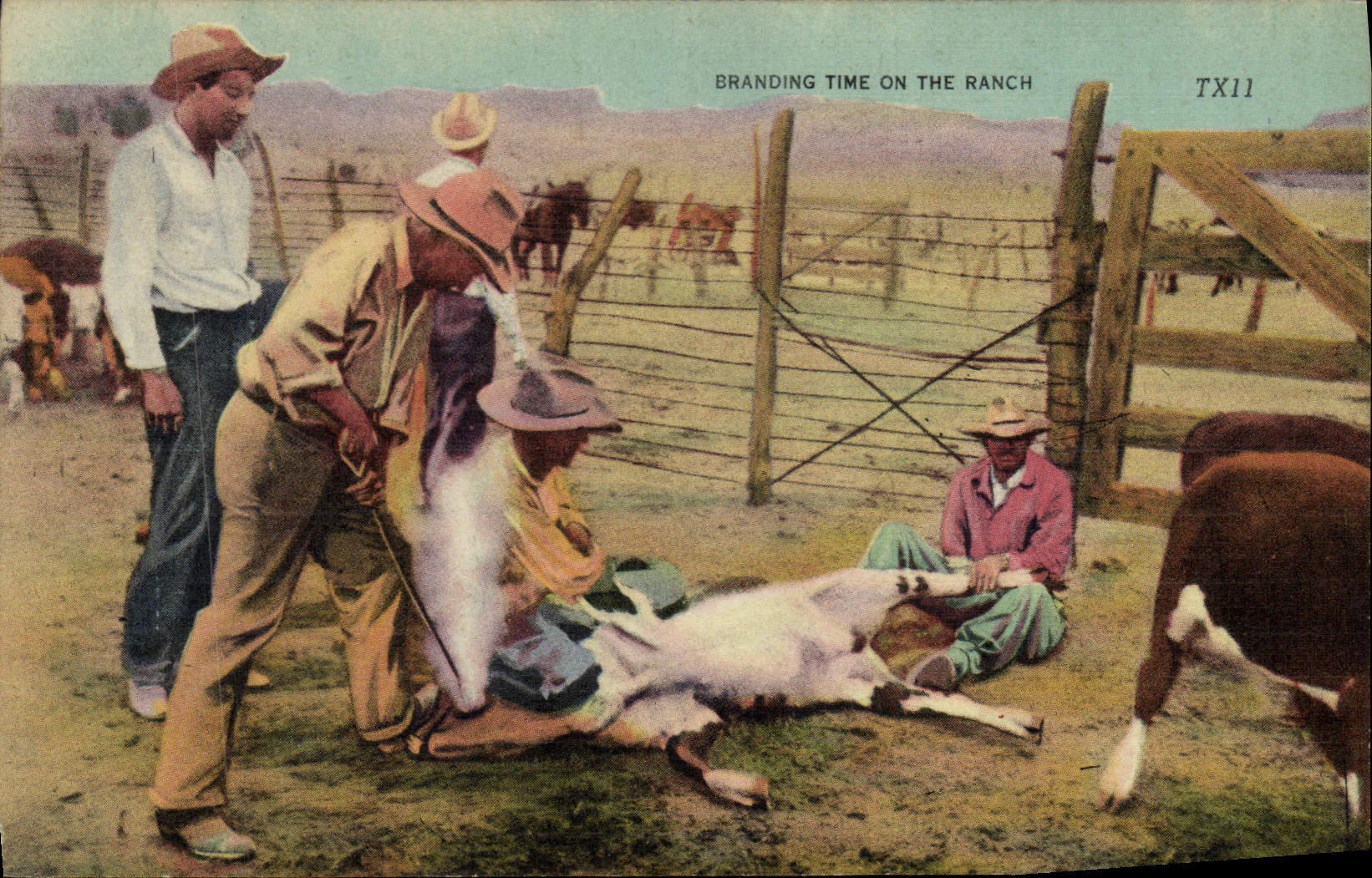 CPA Far West Cow Boy Indiens Branding time on the ranch